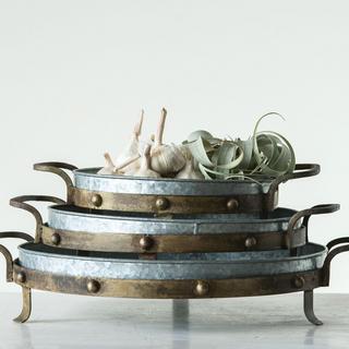 Antique Galvanized 3-Piece Metal Tray Pedestal Set