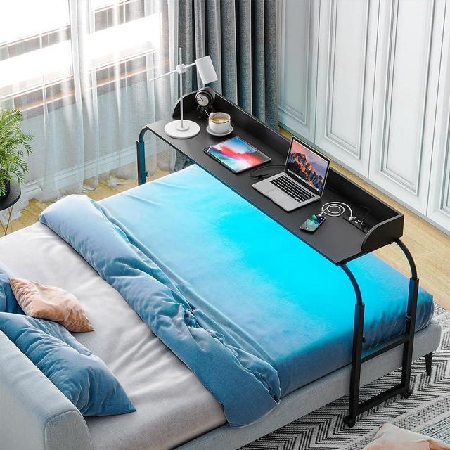 Gurexl LED Overbed Table up to 83'' with Charging Station,3 Color Dimmable Over Bed for Laptop, Eating,Adjustable Height and Width Office Desk with Human Body Sensor and 4 Wheels