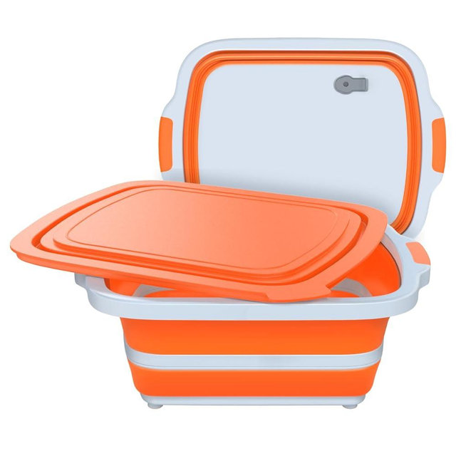 2-Pack XL Collapsible BBQ Prep Tub with Built-In Cutting Board, Lid & Strainer – Marinate, Drain & Prep – Large Food-Safe Container – Perfect for Grilling, Smoking & Outdoor Cooking