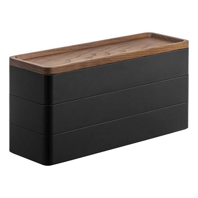 Yamazaki Home Rin Stacking Watch And Accessory Case, Jewelry Box Organizer For Glasses, 3-Tier - Accessories - Plastic + Wood, Black