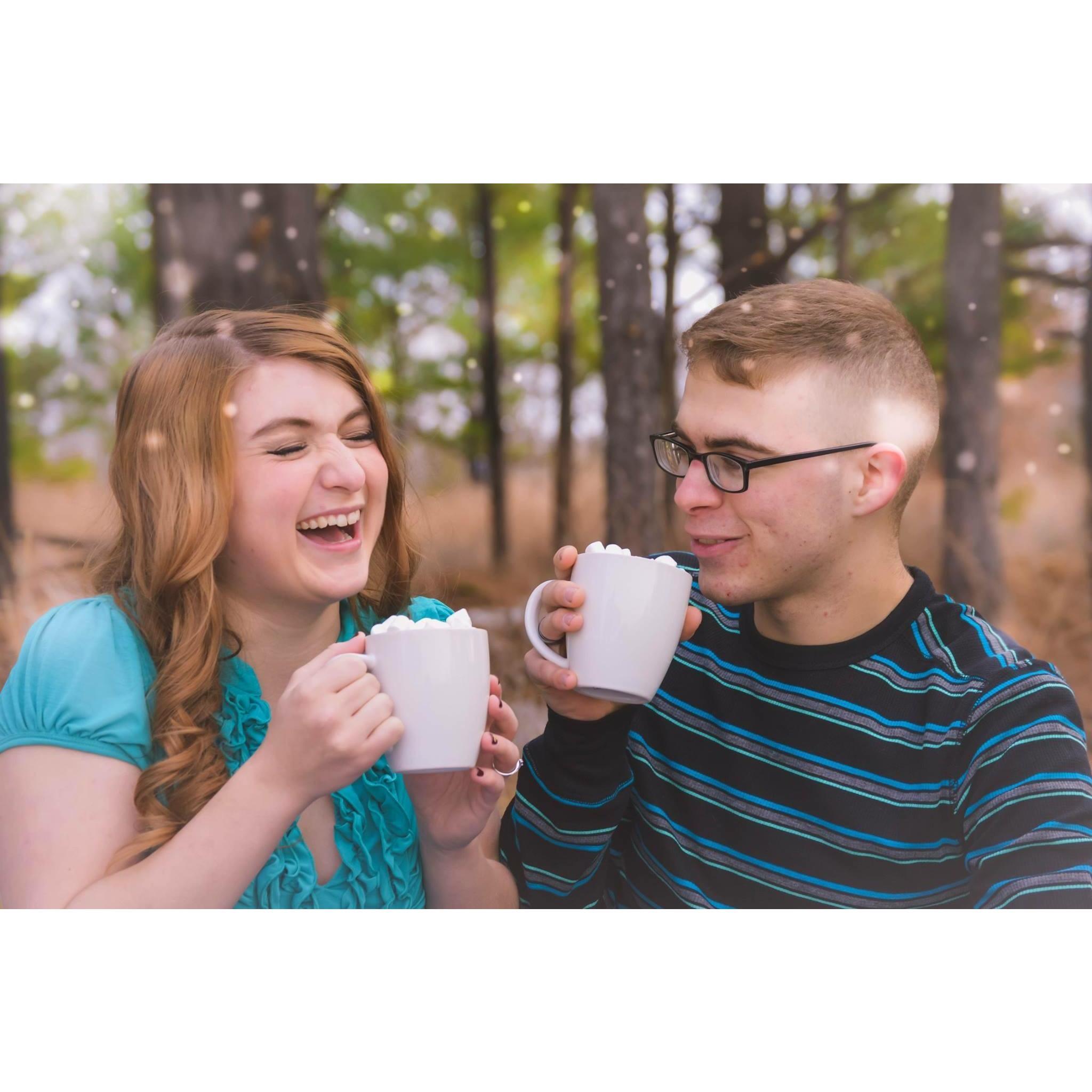 Laughing about the fake hot chocolate and real marshmallows