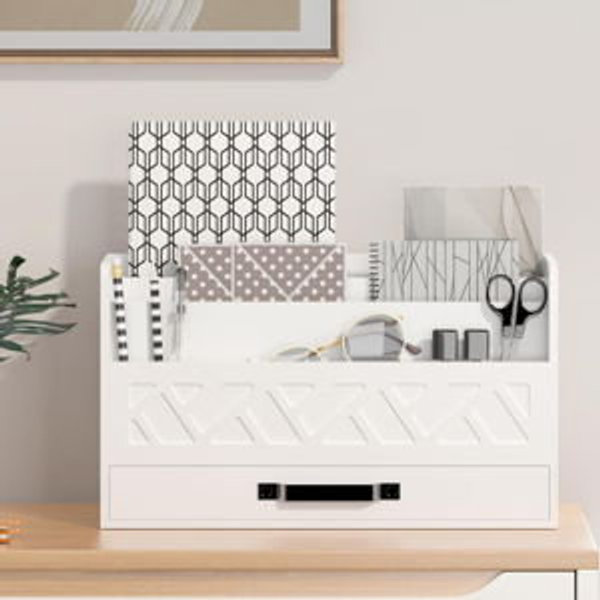 WISUCART Bamboo Mail Organizer Countertop Wood Desk Organizer Drawer Tabletop Storage Box Letter Sorter Makeup Organizer for School Home Office Supplies White