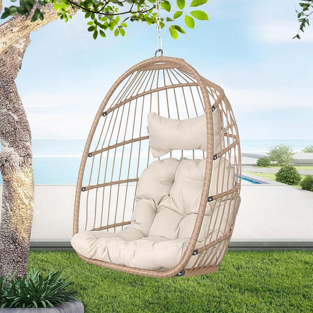 BULEXYARD Hanging Egg Chair Without Stand 350lbs Capacity, Beige Wicker Swing Egg Chair with Beige Cushion for Indoor/Outdoor Patio Porch Balcony, Foldable Hammock & Tree/Ceiling/Beam Mount
