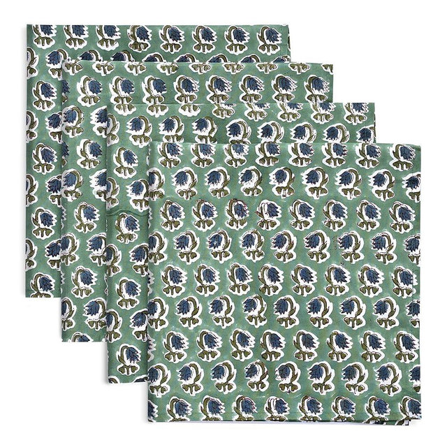 Ridhi Basil Green Hand Block Print 100% Cotton Napkins 18" x 18" (Set of 4) Reuseable Kitchen Napkins Cloth Decor Dinner Party Wedding Cocktail Gift for Spring, Easter, Valentine