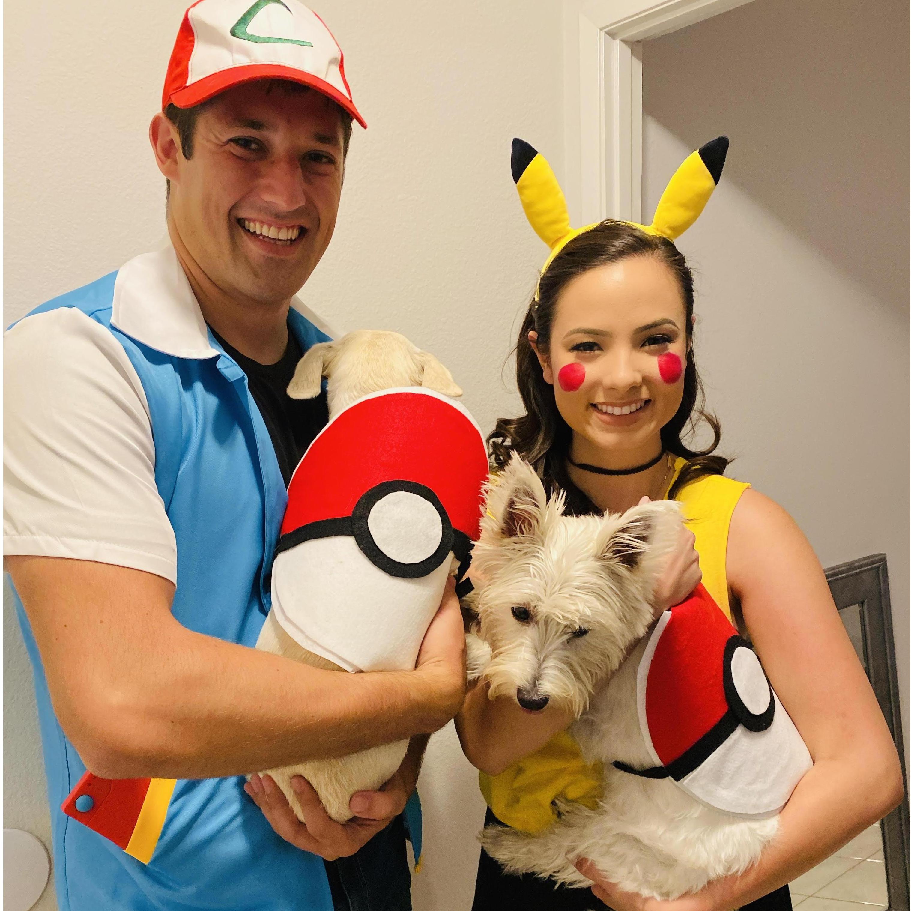 Halloween 2019! Brice as Ash Ketchum, Celina as Pikachu, featuring Marshmello and Snickerdoodle as Pokeballs.