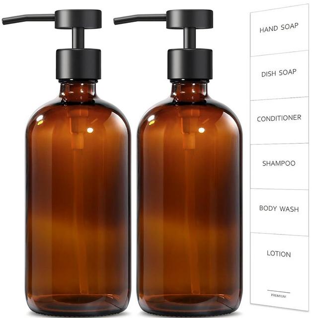 GMISUN Amber Glass Soap Dispenser, 2 Pack Bathroom Hand Soap Dispenser with Stainless Steel Flat Pump, 16Oz Kitchen Hand and Dish Soap Dispenser Set, Modern Vintage Liquid Brown Soap Dispensers Bottle