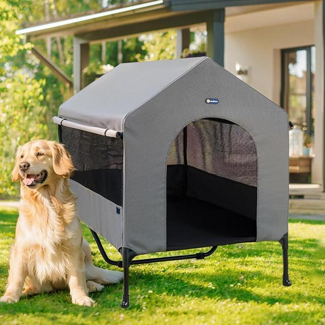 Veehoo Dog House, 2-in-1 Large Elevated Cot Dog Bed Dog House Outdoor Indoor Weatherproof, Cozy Outside Dog Shade Dog Tent, Three-Sided Breathable Mesh Windows and Sunshades, CWC2435CP