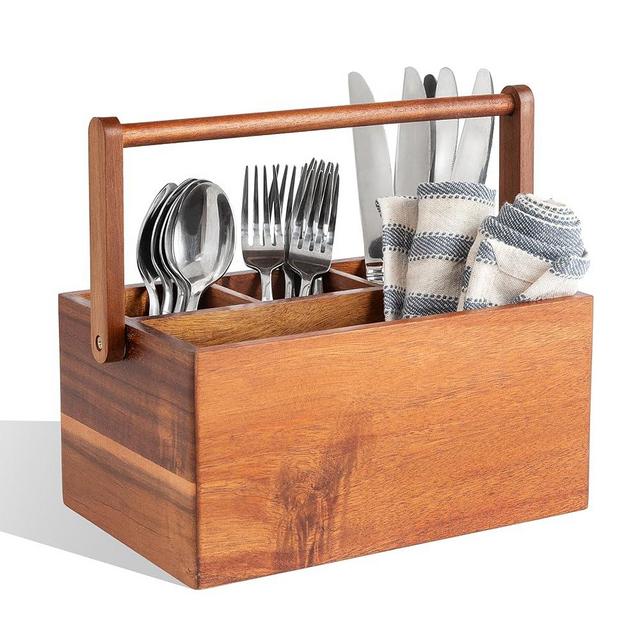 New Day Home Acacia Wood Utensil Caddy with Handle, Wooden Silverware Holder, Multi-purpose Organizer for Kitchen, Office, Bathroom, Bedroom