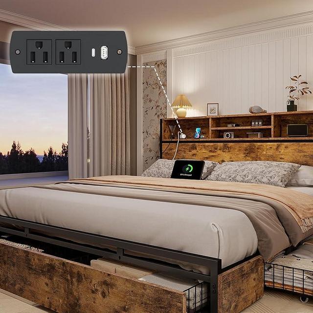 EnHomee King Size Bed Frame with 6 Storage Drawers King Bed Frame with Headboard, Bed with Charging Station, No Noise,No Box Springs Needed,Vintage Brown