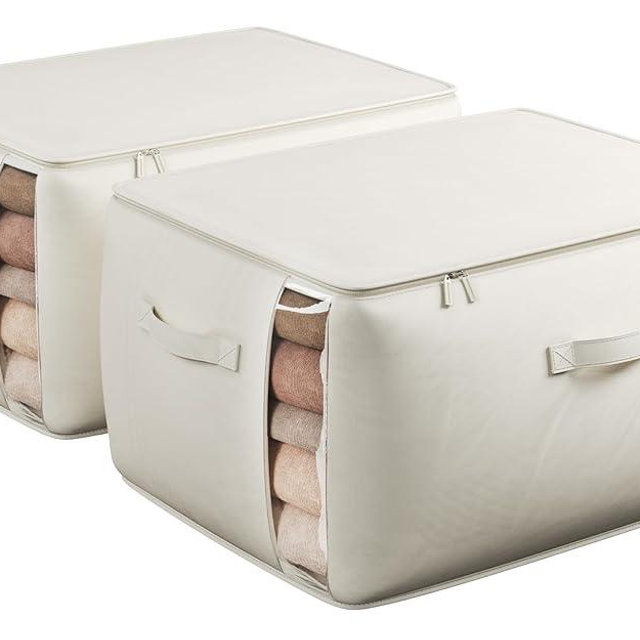 TomVista Large Canvas Clothes Storage Bags with Thick Handles and Clear Window, Foldable Cotton Linen Closet Organizer for Clothing, Blankets and Bedding, 70L, 2 Pack, Beige