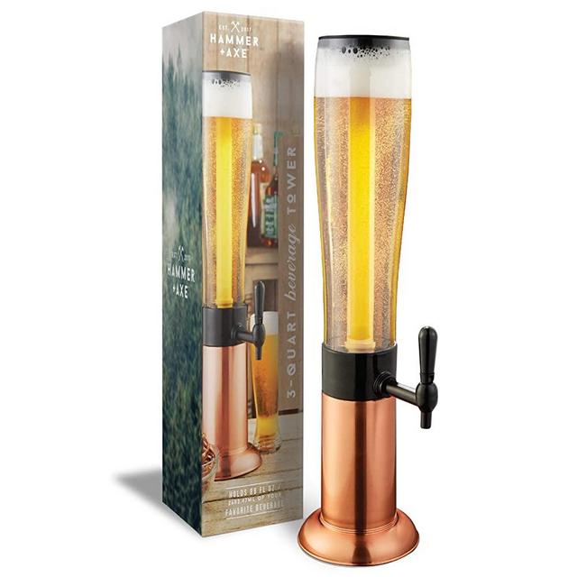 Hammer + Axe Beer Tower Drink Dispenser with Pro-Pour Tap and Freeze Tube to Keep Beverages Ice Cold, Perfect for Parties and Gameday, Home Bar Accessories, 2.75 Qt./2.6 L, Copper Finish