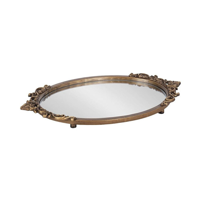 Kate and Laurel Arendahl Vintage Oval Mirrored Decorative Tray, 17 x 10, Antique Gold, Traditional Ottoman Tray for Living Room Home Decor with Ornate Detailing