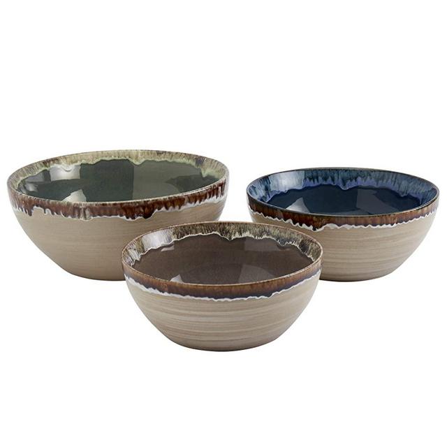 Tabletops Gallery Tuscan Reactive Glaze Stoneware Collection- Platter Serving Bowl Mixing Bowl Mug, Tuscan 3 Piece Serving Bowl Set (Blue, Green, and Brown)