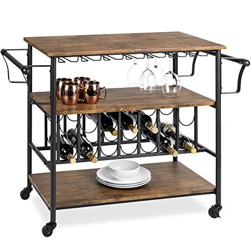 Best Choice Products 45in Industrial Wood Shelf Bar & Wine Storage Service Cart w/Bottle & Glass Racks, Locking Wheels