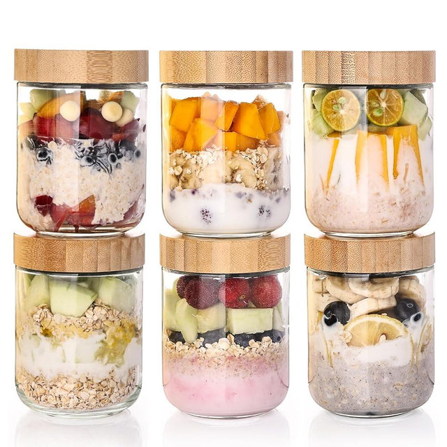 6-Pack Overnight Oats Containers with Bamboo Airtight Lids, 16oz Wide Mouth Mason Salad jars, Glass Food Storage Containers for Snacks Sugar Spice Yogurt