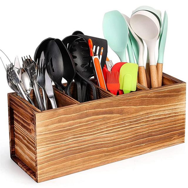 Yumkfoi Extra Large Utensil Holder, 4 Sections Wooden Utensil Organizer, Farmhouse Kitchen Cooking Utensils Holder, Rustic Utensil Caddy Crock Counter Organizer and Cooking Tools Storage