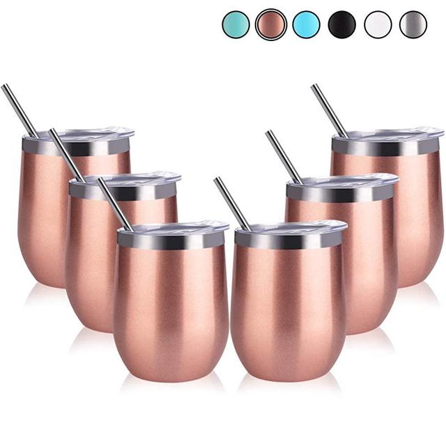 Sangyn 6 Pack Stemless Wine Tumbler, 12 Oz Stainless Steel Wine Glass with Straws and Lids, Unbreakable Double Wall Insulated Tumbler Cup for Wine, Coffee, Drinks, Champagne and Cocktails(Rose Gold)