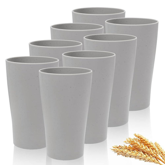 ejonirinjonir EI Wheat Straw Cups 8pcs Grey Plastic Reusable Cups for Kitchen Unbreakable Plastic Drinking Glasses for Water, Coffee, Juice, Tea