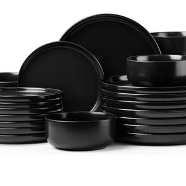 Herogo 24 Pieces Stoneware Dinnerware Set Service for 8, Dinner Plates and Bowls Sets, Double Reactive Glaze Dishes Set for Kitchen, Scratch Resistant, Microwave & Dishwasher Safe, Matte Black