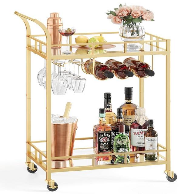 VASAGLE Bar Cart Gold, Home Bar Serving Cart, Wine Cart with 2 Mirrored Shelves, Wine Holders, Glass Holders, for Kitchen, Dining Room, Gold ULRC092A62