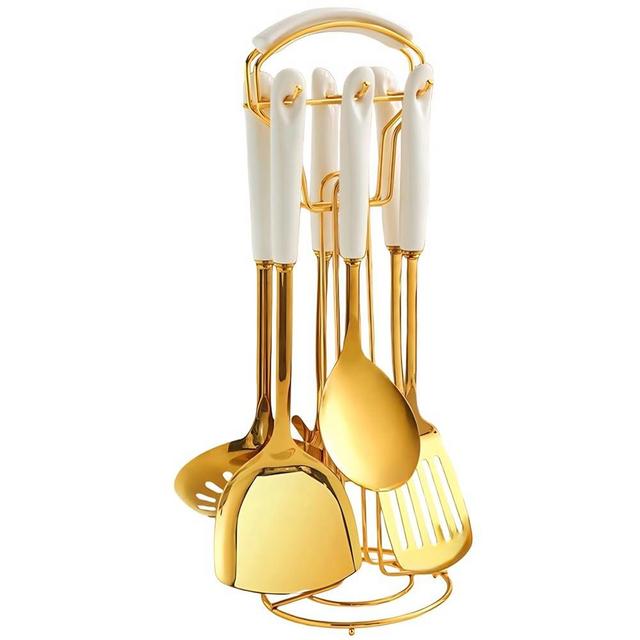 Novellus 7pcs Stainless Steel Kitchen Utensils Set with Holder, Kitchen Accessories for Cooking Includes Soup Ladle, Metal Spatula, Slotted Spoon, Slotted Spatula, Pasta Spoon, White Gold