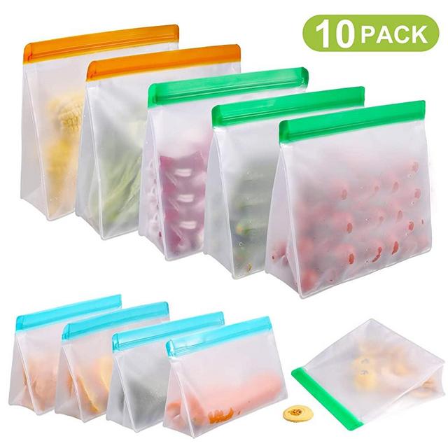 Reusable Food Storage Bags 10 Pack, Stand Up FDA Grade Leakproof Reusable Freezer Bags, 2 Reusable Gallon Bags + 4 Reusable Sandwich Bags + 4 Reusable Lunch Bags for Meat Fruit Cereal Snacks