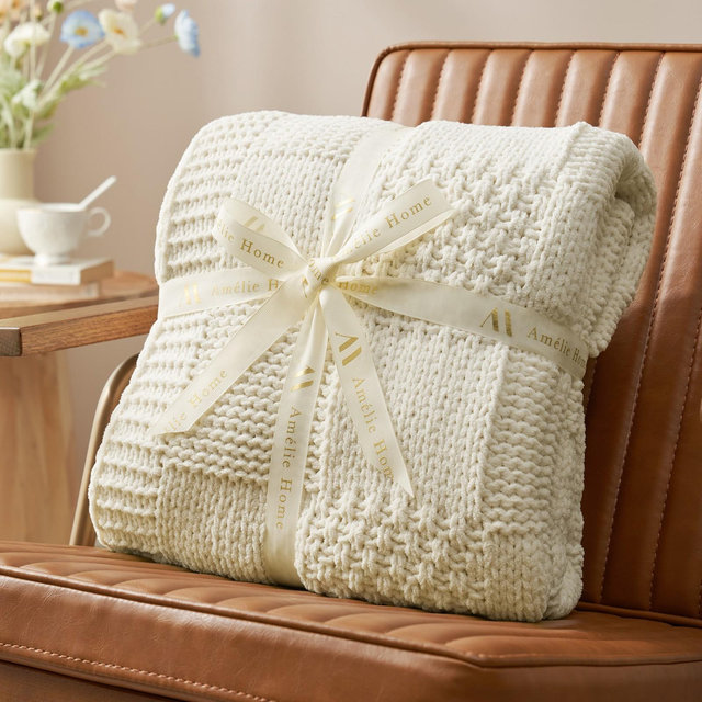 Amelie Home Chenille Knit Throw Blanket – Soft Checkered Texture for Sofa, Bed, and Living Room