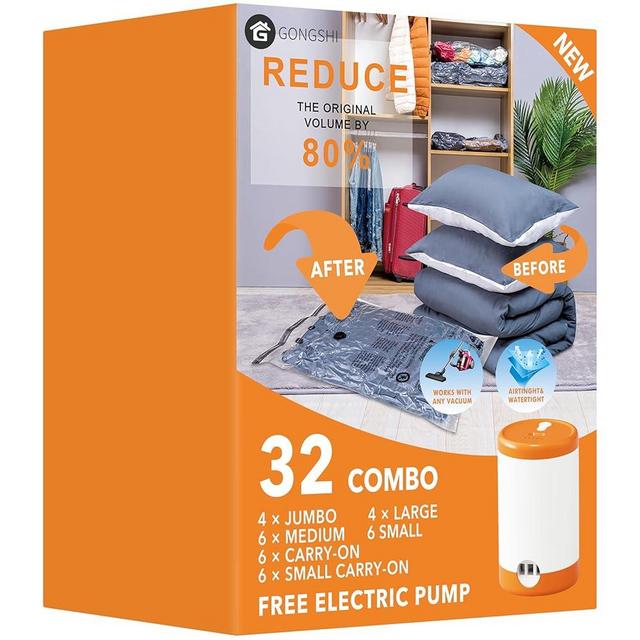 GONGSHI 32 Pack Vacuum Storage Bags with Electric Pump Space Saver Bag for Clothes, Mattress, Blanket, Duvets, Pillows, Comforters,Travel