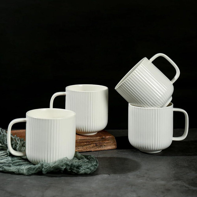 CERAMIC COFFEE MUGS, COFFEE MUG SET OF 4, 13 OZ LARGE TEA CUPS FOR HOT COCO MUGS， COFFEE AND COCOA,VINTAGE RIBBED MUG FOR MEN AND WOMEN， EASY TO CLEAN (White)