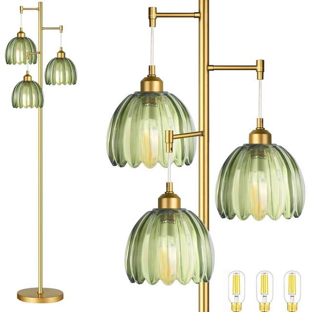QIYIZM Gold Floor Lamp for Living Room,Bedroom,Mid Century Modern Standing Lamp Brass Tree 3 Light Tall Floor Lamps Vintage Retro Floor Lights Glass Green Flower Lamp Shade Farmhouse Boho Bohemian