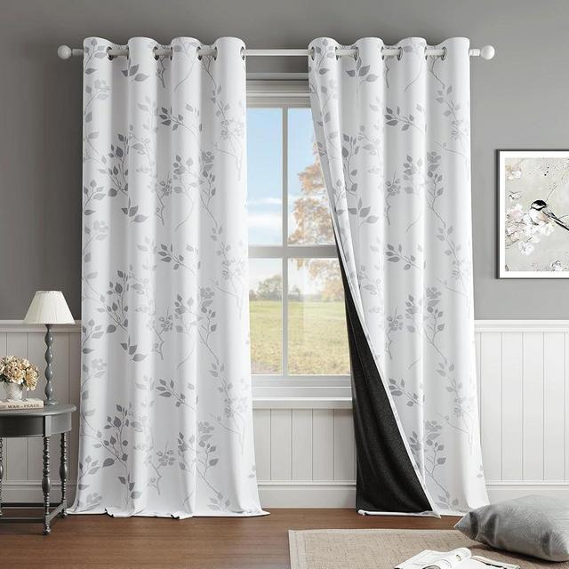 Beauoop Floral 100% Blackout Curtains 84 Inches Long 2 Panels for Bedroom Living Room Grey White Flower Patterned Room Darkening Thermal Insulated Soundproof Grommet Window Treatments Drapes, 52X84