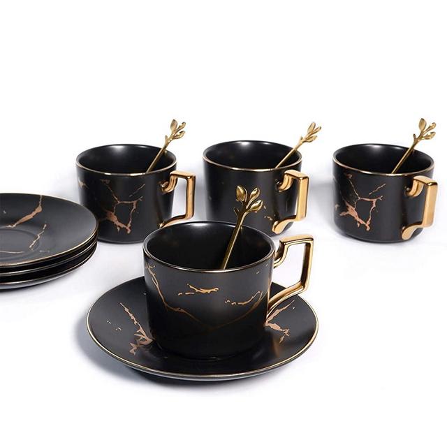 8.5 oz Golden Hand Print Tea Cup With Saucer Set And Cup And Ceramics Saucer Set Black (Set of 4)