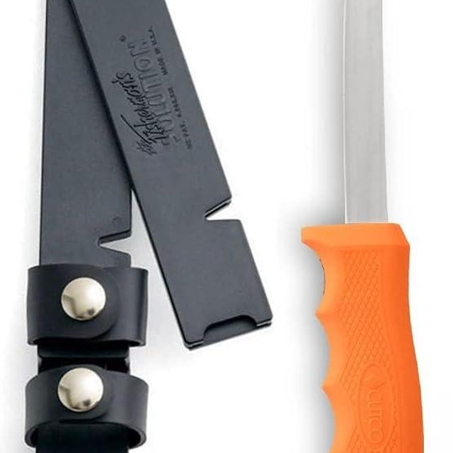 CUTCO Fisherman's Solution #5721 with 6 - 9" Adjustable Blade and 5.4" ORANGE Handle. Pivoting sheath doubles as a gripper; built-in, notched line cutter and sharpening stone.