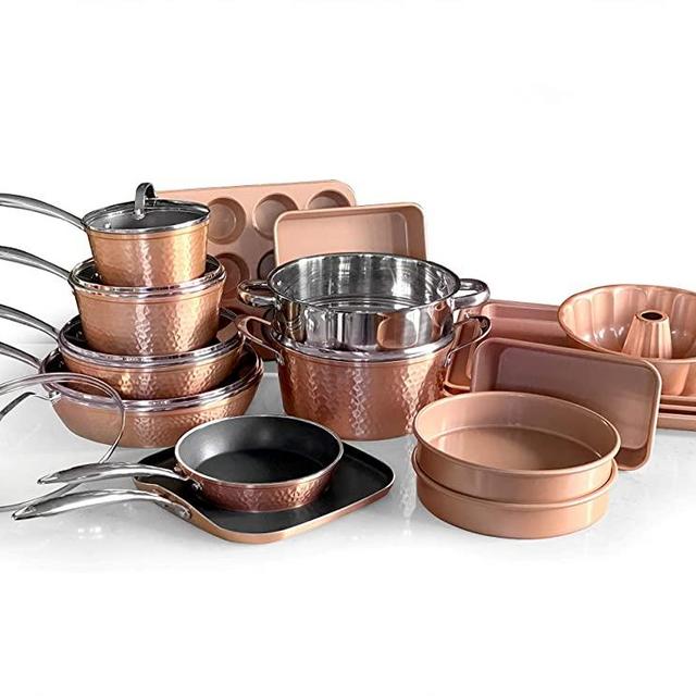 OrGREENiC Rose Hammered Cookware Collection - 22 Piece Set with Lids - Non-Stick Ceramic for Even Heating | Safe for Dishwasher, Oven & StoveTop