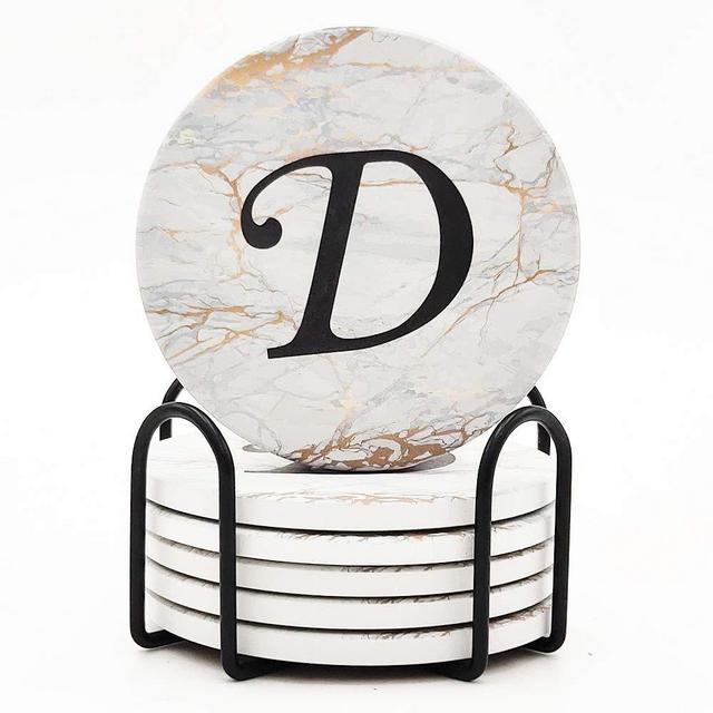 Monogrammed Coasters for Drinks Absorbents with Holder, Set of 6 Ceramic Marble Style Drink Coaster with Cork Base ,Personalized Coasters Customizable with Name , Housewarming Gifts