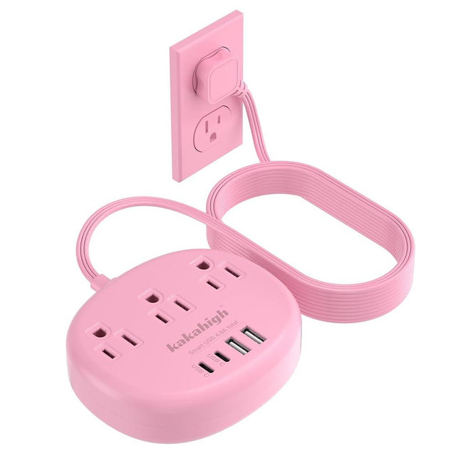Pink Extension Cord - 10 FT Flat Power Strip, 1625W Cute Extension Cord with 3 AC Outlet 4 USB (24W/4.8A), Compact for Cute Pink Kawaii Desk Home Essentials