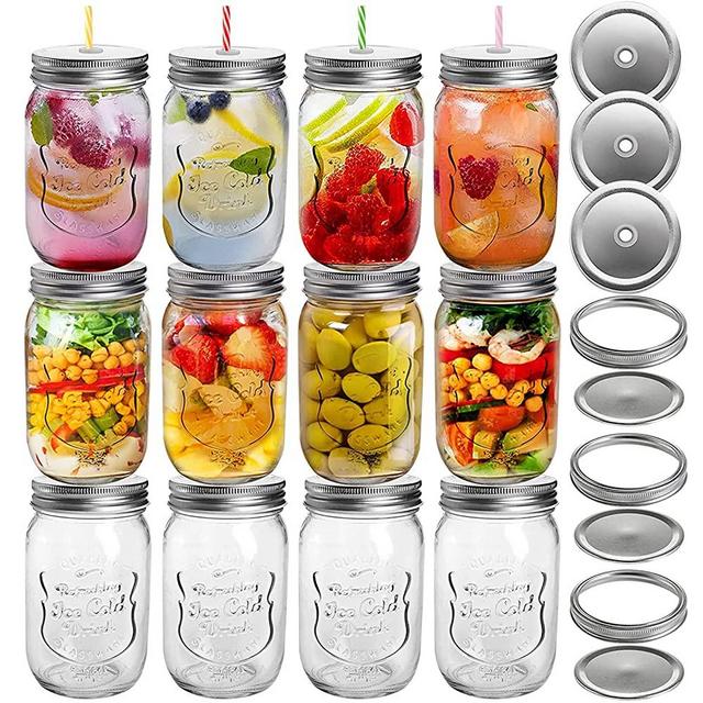 Jucoan 12 Pack 16 oz Glass Mason Jar Canning Jar Drinking Jar with 12 Straw Lids and 12 Airtight Metal Lids, Old-Fashioned Beveraged Drinking Jar for Smoothies, Spices, Food Storage, Preserving, Meal Prep,12 Plastic Drinking Straws