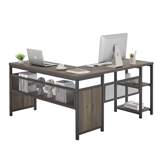FATORRI L Shaped Computer Desk, Industrial Home Office Desk with Shelves, Rustic Wood and Metal Corner Desk (Walnut Brown, 59 Inch)…