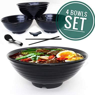 4 set (16 piece) Ramen Bowl Set, Asian Japanese Style with Spoons Chopsticks and Stands, Restaurant Quality Melamine, Large 32 oz for Noodles, Pho, Noodle, Udon, Thai dinnerware for any Soup Meal