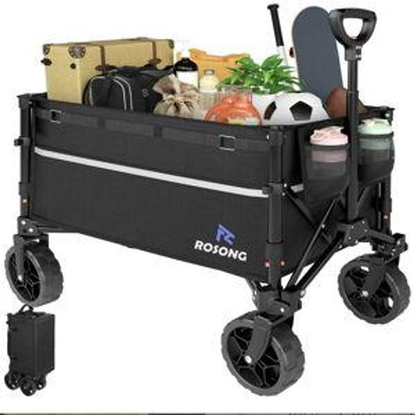 ROSONG Collapsible Wagon Cart with Wheels Foldable - Folding Utility Heavy Duty Wagons Carts for Grocery Sports Garden Shopping Camping Wheelbarrows (Black, 120L)