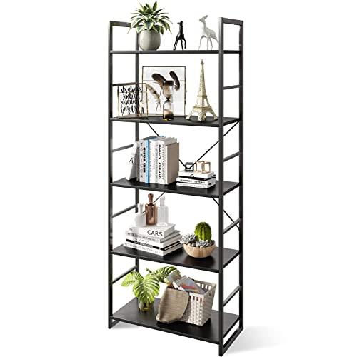 Coleshome Bookshelf Storage Rack，5 Tier Vintage Book Rack Organizer for Home Office，Industrial Style Storage Shelves，Flower Stand，Black