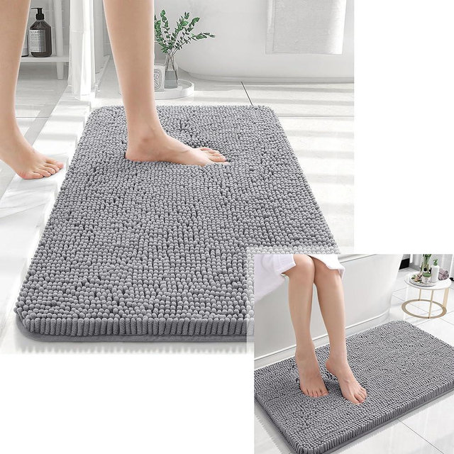 OLANLY Chenille Bathroom Rugs, Bath Rug Size 30x20+24x16 in Grey, 2 Item Bundle