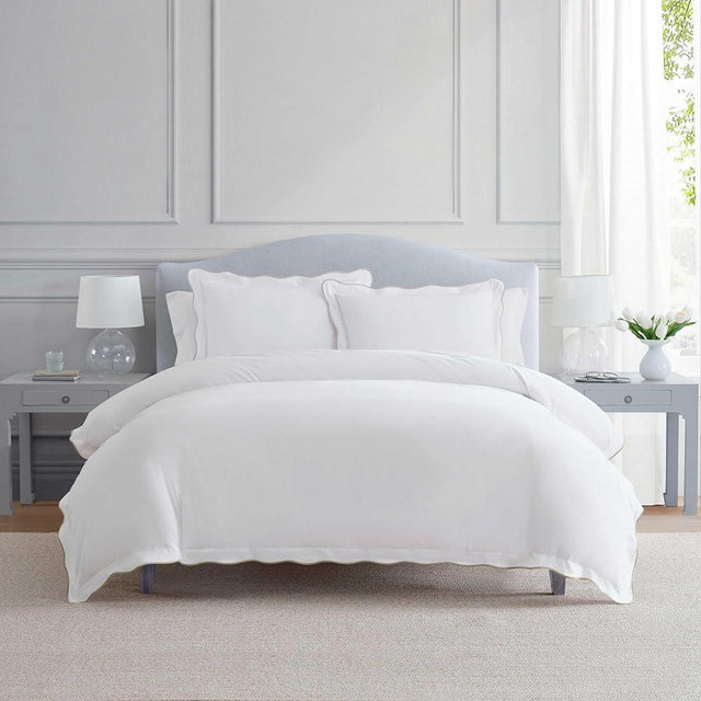Martha Stewart - King Duvet Cover Set, 100% Soft Cotton Bed Set with a Smooth Cotton Percale Reverse, 3 Piece Bedding with Matching Pillowcases (Simple Scallop Beige)