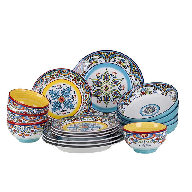 Euro Ceramica Zanzibar Double Bowl 16-Piece Dinnerware Set | Fine Kitchenware | Floral Multicolor Design Stoneware Tableware Service For 4