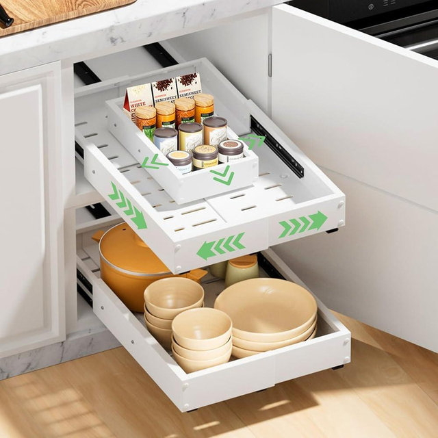 BUFOR 1 Pack Pull out Cabinet Organizer, Width (10"-15") Depth (16"-24"), with 3 Rails Adjustable Slide, Expandable Pullout Drawers for Cabinets, No Drill Adhesive Kitchen Drawers for Pantry Shelves