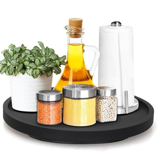 10" Black Wooden Lazy Susan Turntable Organizer Cabinet Round Bathroom Vanity Rotating Tray Small Lazy Susan for Table Top Kitchen Countertop Decor Tray Wood Lazy Susan Dining Table Spice Rack Storage