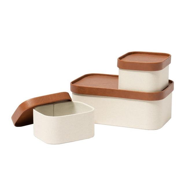 Beige Decorative Storage Boxes With Lids, Storage Baskets with Leather-Like Lids, Sturdy Stackable Paper Boxes Decorative Tray, Modern Basket Organizer Bins for Jewelry Shelve Bathroom Bedroom Organizing, Set of 3