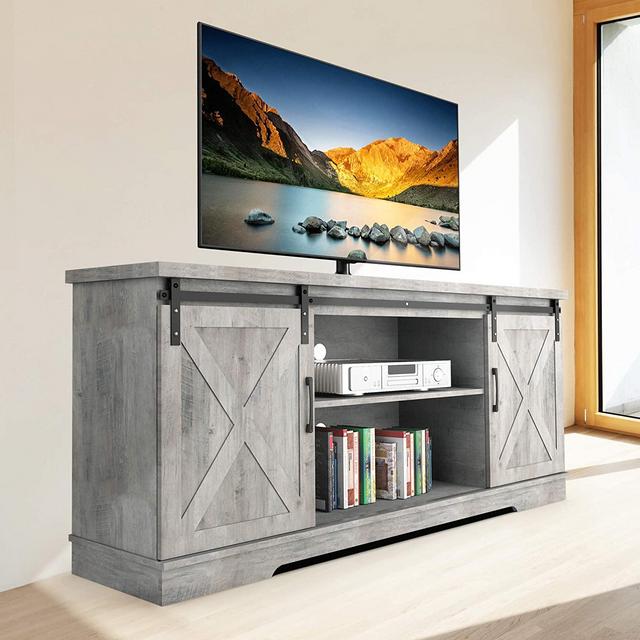 Eastvita Modern Farmhouse Sliding Barn Door TV Stand for 65" Television, 59" Entertainment Center TV Console, Home Living Room Storage Table with Movable Shelf (Stone Grey)