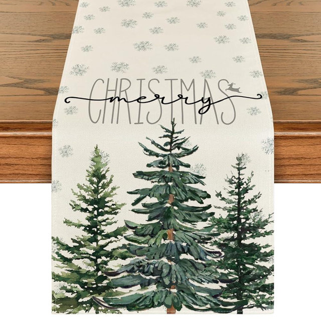 Artoid Mode Beige Pine Tree Snowflake Merry Christmas Table Runner, Seasonal Winter Xmas Holiday Kitchen Dining Table Decoration for Home Party Decor 13 x 90 Inch