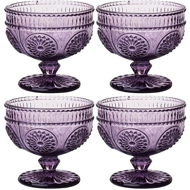 CHOOLD 4 PCS Vintage Flower Embossed Glass Footed Dessert Bowl Ice Cream Bowl Trifle Bowl Salad Bowl Candy Cake Bowl for Home Party Wedding 9 Oz
